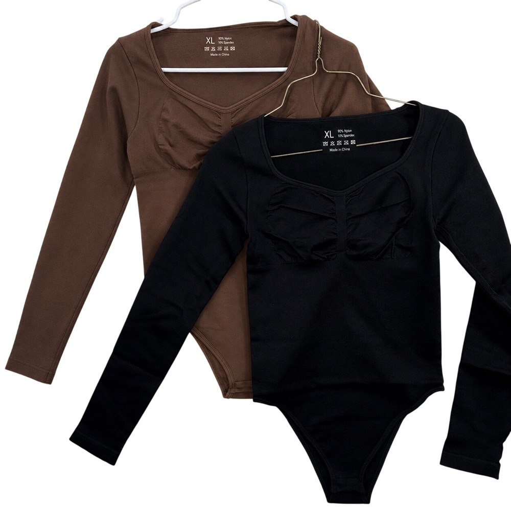 TOB Bodysuit Womens XL 2 Pack Black Coffee Ribbed Long Sleeve Seamless Sexy